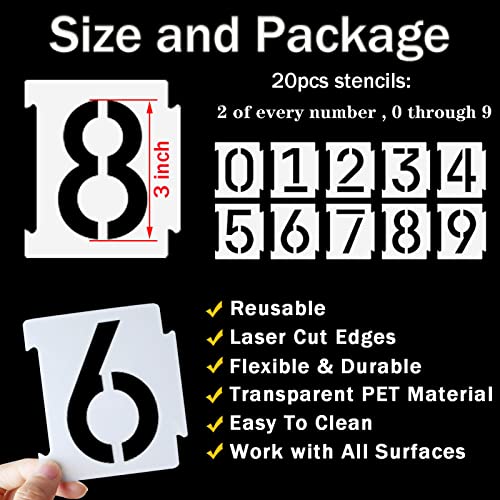 YEAJON 3 Inch Curb Stencil Kit 0-9 Address Number Stencils, 20Pcs Reusable 14 Mil Mylar Plastic Templates for Painting on Road, Wall, Wood, Mailbox
