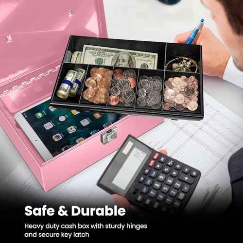 Flexzion Cash Box with Money Tray and Lock - Metal Money Box for Cash Storage with Secure Latch Lock & Key - Pink Petty Cash Box with 7 Compartment Money Tray for Small Businesses, 11x7.7x3.5 Inches