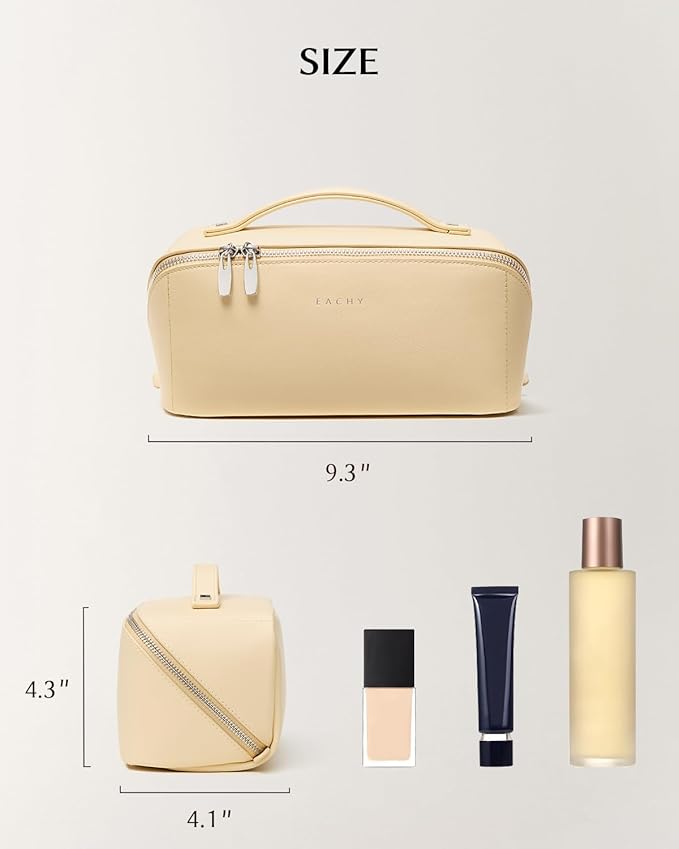 EACHY Travel Makeup Bag, Large Capacity Cosmetic Bag for Women, Waterproof PU Leather, Flat Open Portable Toiletry Bag for Skincare, Brushes & Travel Essentials