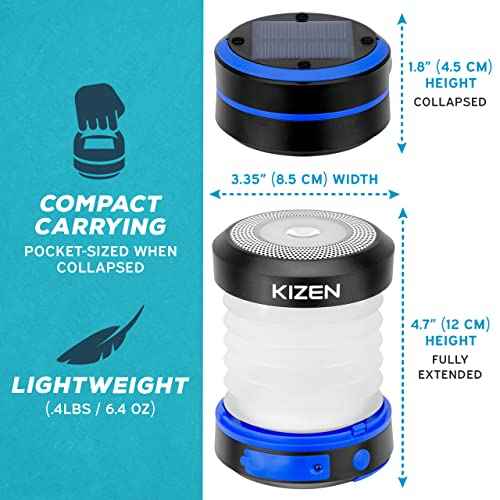 Kizen Solar Camping Lantern Rechargeable - LED Lanterns for Power Outages, & Camping Lights - Collapsible & Rechargeable Lamp with Solar or Plug - Hiking Gear
