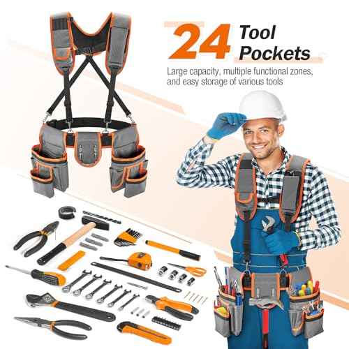 Puratalon Tool Belt Suspenders Padded Carpenter for Men, Detachable & Adjustable Electrician Tool Belts with 24-Pocket for Framers, Roofing, Contractor, 32''-66", Grey and Orange
