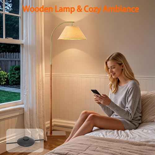 63" Floor Lamp for Living Room with Foot Switch Wood Standing Lamp Tall Lamp Mid Century Modern Arc Floor Lamps for Bedroom Office Industrial Reading
