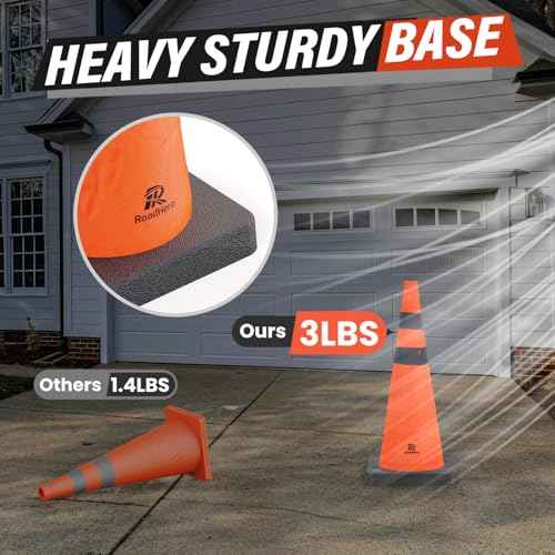 RoadHero 28 Inch Collapsible Traffic Safety Cones with Black Weighted Base, Construction Orange Cones with Reflective Collars for Road Safety, Driving Training, Parking Lots, 4 Pack