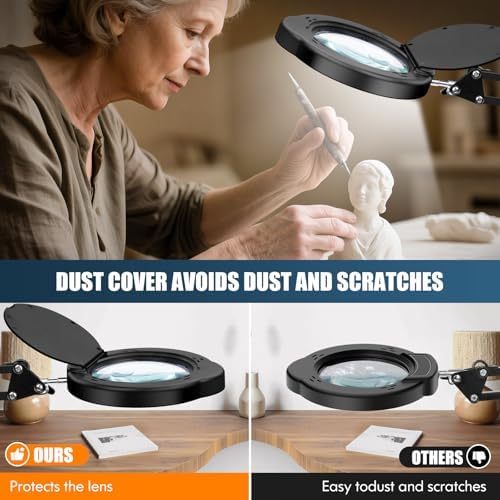 15X 10X Magnifying Glass with Light and Clamp, 5-inch Lighted Magnifier with Dust Cover, 84 LED 5 Color Modes Stepless Dimmable Hands-Free Magnifying Glass Desk Lamp for Reading Craft Hobby Close Work