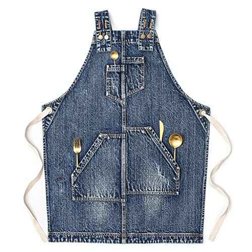 Jeanerlor - Denim Apron for Women With Pockets Cross-Back Straps & Adjustable S to L (Denim Blue)