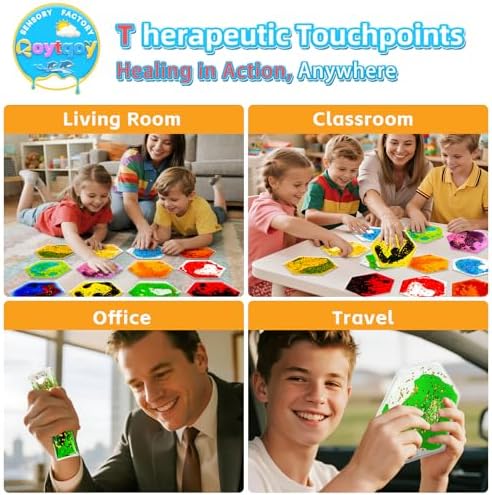 Squishy Liquid Sensory Gel Tiles 12 Packs - Hexagon Liquid Sensory Pads for Stress Relief & Fidget Fun, Washable Sensory Floor Tiles for Toddles 3+ Home, Classroom, Travel