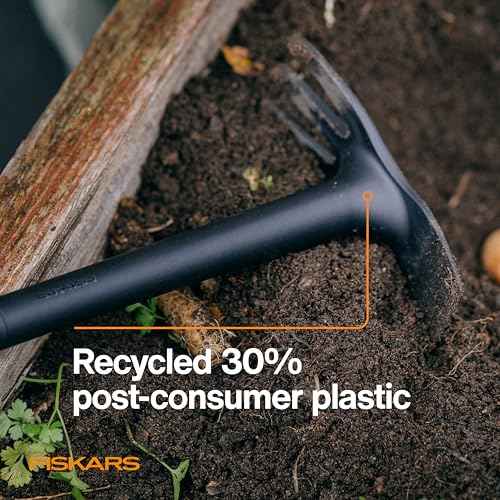Fiskars Eco Cultivator Hoe with Dual-Function Design, Tapered Blade, Cultivator Tines, Ergonomic Handle, and UV-Resistant Build for Soil Care
