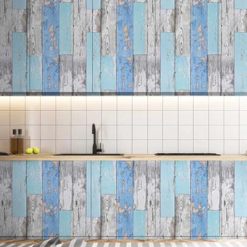 Caltero Wood Plank Wallpaper 17.7" ¡¿ 118" Blue Distressed Wood Wallpaper Peel and Stick Wood Grain Contact Paper Vintage for Furniture Bedroom Countertop Cabinet