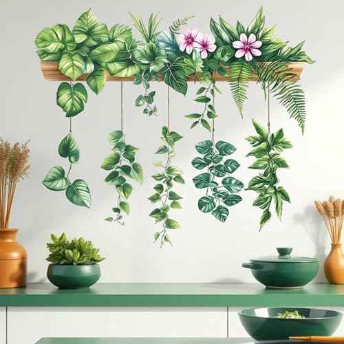 Green Plant Leaves Wall Stickers Decor Hanging Flower Vine Wall Decals Peel and Stick DIY Removable Tropical Nature Wall Art for Living Room Bedroom Kitchen Classroom Office