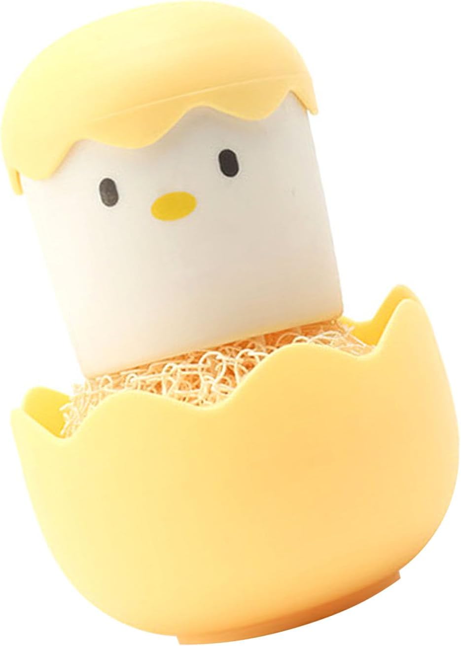 SUNGOOYUE Eggshell Chicken Brush, Cartoon Kitchen Scrubber with Detachable Handle and Fiber Ball Head, for Bowls Pots and Dish Washing (Yellow)