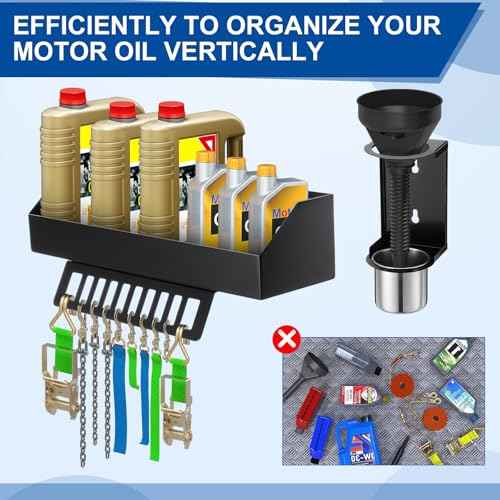 Zonon 6 Quart Motor Oil Bottle Holder Oil Bottle Storage Rack with Funnel Holder Organizer Wall Mount for Shed Garage, Pegboard, Workshop, Home, Enclosed Race Trailer Shop, Fit Most of Storage Tool