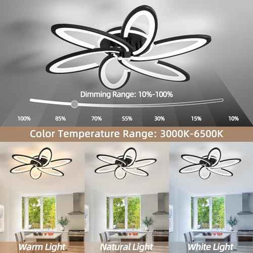 Modern LED Ceiling Light, 6+1 Rings 93W Dimmable Ceiling Light Fixtures 29.5" 3000K-6500K Flush Mount Black Flower Ceiling Lamp with Remote for Living Room,Bedroom,Kitchen