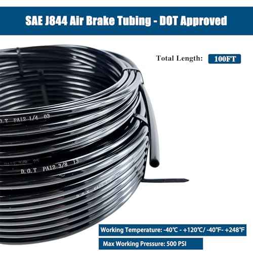 3/8" Black Nylon Air Line Tubing - 100 FT Air Hose, DOT Approved for Air Brake Tubing Suspension Or Fluid Transfer