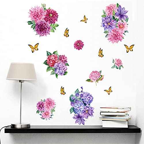 Wall Peony Butterfly Decals, Peony Rose Lavender Butterfly Flower Wall Stickers Flowers Decals Self Adhesive Removable Art Murals, Floral Peonies Walls Decal Stickers Walls Decor