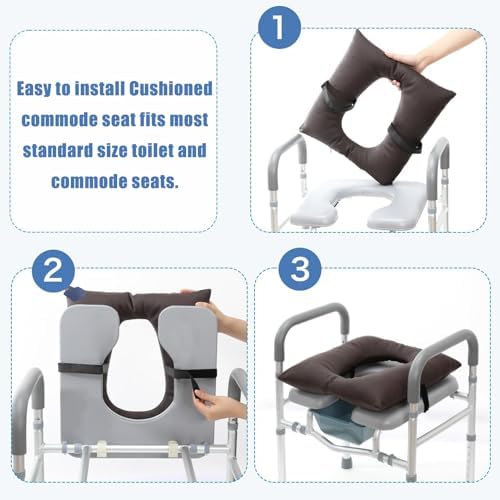 Bedside Commode Cushion - Washable 16.5" X 16.5" Thick Pad PU Cover with Fixing Straps for Commode Chair,Portable Toilet Seat Cushion for Seniors Raz Shower Chair Seat,Brown