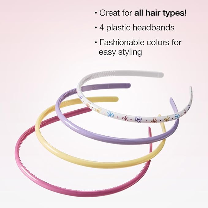 CONAIR Scunci Effortless Beauty Skinny headband -plastic Headbands for Women - hair accessories for women - trendy girl gifts - Assorted Pastel - 4 Count
