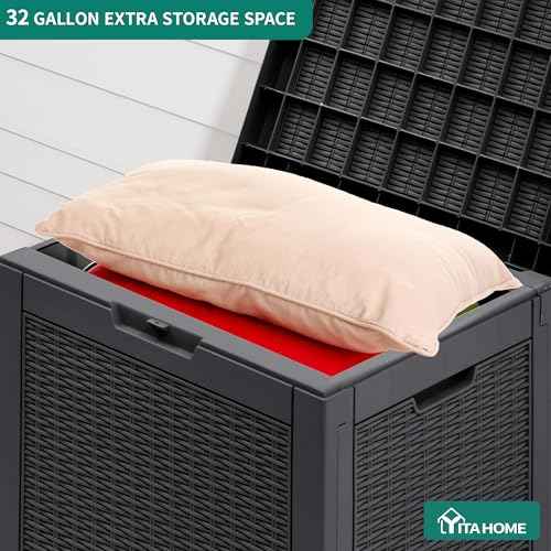 YITAHOME 32 Gallon Rattan Deck Box,Indoor Outdoor Storage Box for Patio Furniture,Pool Accessories, Cushions,Garden Tools, Sports Equipment, Waterproof Resin with Lockable Lid and Side Handles (Black)