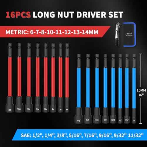 XOOL 16 PCS Long Magnetic Nut Driver Set, 6" Metric & SAE Nut Driver Bit Set for 1/4" Quick-Change Hex Shank, Impact Drill, with Mini Ratchet Wrench & Storage Bag