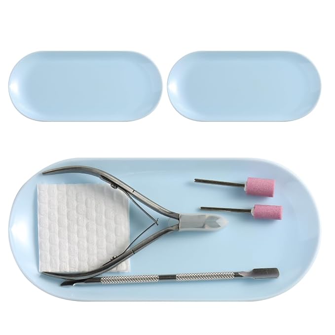 3Pcs Manicure Tools Storage Tray, Oval Plastic Storage Dish Nail Art Accessory Display Trays, Jewelry Rhinestone Organizer Plate, Makeup Cosmetic Nail Decorations Storages PlateÃ¯Â¼ÂBlueÃ¯Â¼Â
