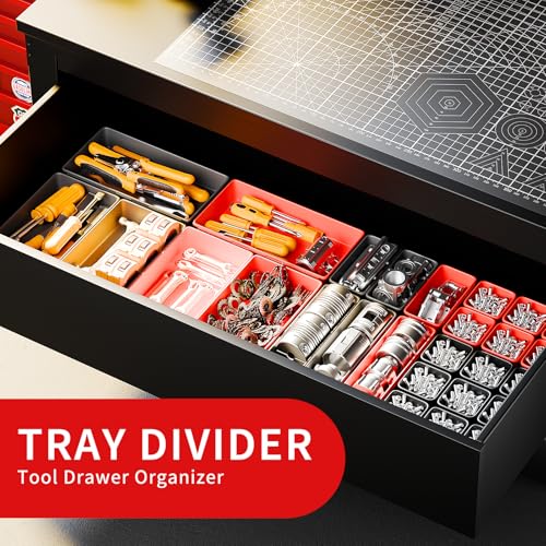 [5 Sizes] [69 PCS] Tool Drawer Organizer, Desk Tray, Rolling Chest, Toolbox (Black+Red)