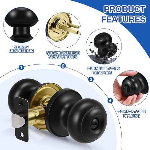 10 Pack Matte Black Door knobs, Keyless Interior Door Locks, Round Ball Keyless Doorknobs with Lock Privacy Door Handle for Bedroom Bathroom