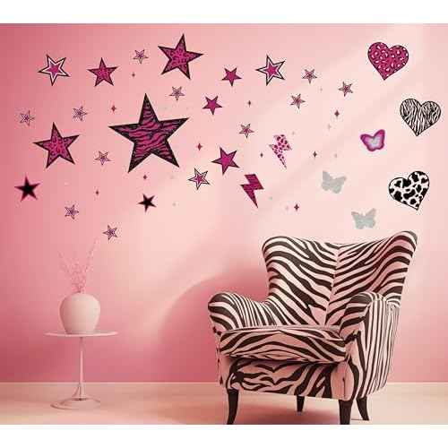 TwoDays 100PCS Y2K Room Decor Aesthetic Wall Decal, 2000s Mcbling Vinyl Peel and Stick Stickers for College Teen Girls Bedroom, Pink Stars Trashy Y2k Decorations for Women Apartment.