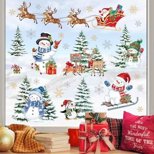 decalmile Christmas Winter Snowman Reindeer Window Clings Reusable Santa Claus Elk Xmas Tree Window Decals Double Side Printed Window Stickers Glass Door Home Party Shop Showcase Decoration