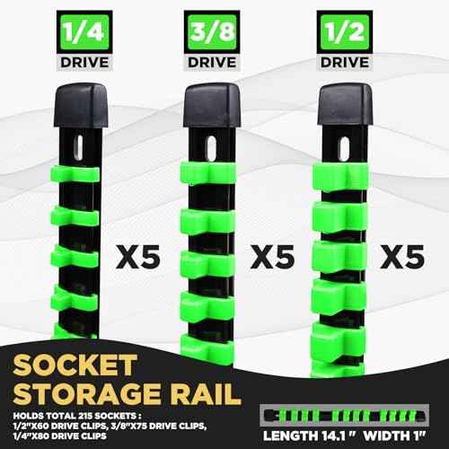 Socket Organizer Set 15PCS ABS Socket Holder Kit, 1/4-Inch x 80 Clips, 3/8-Inch x 75 Clips, 1/2-Inch x 60 Clips Socket Set Organizer, Drive Socket Tray, Socket Holders Clip Socket Rail, Green