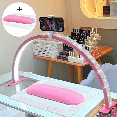 Large 29-inch Half Moon Light for Nail Desk,48W LED Light with Hand Pillow and Phone Holder, Nail Desk lamp for lash Eyelash Extension,Makeup Desk lamp,Color Temperature 3000K-6000K (Pink)