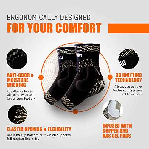NeoAlly Copper Infused Ankle Brace Silicone Gel Ankle Support Compression Sleeves for Pain Relief, Plantar Fasciitis, Achilles Tendonitis, Large, 1 Pair