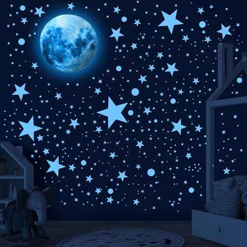 492 Glow in The Dark Stars & Moon Space Galaxy Universe Planet Wall Decals - Blue Glowing Stars Stickers for Kids Bedroom, Nursery & Living Room Decor