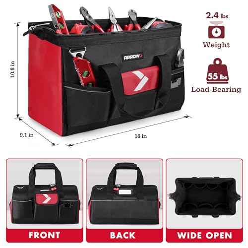 ARROW 16" Tool Bag Organizer with Anti-Slip Feet, Tool Bags for Men Heavy Duty, Wide Open Mouth, Large Capacity with 13 Pockets, Portable Toolbag for Electrician Mechanic Plumber HVAC