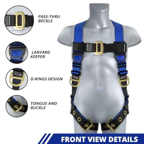 TRSMIMA Safety Harness Fall Protection - Men Construction Full Body Harness Kit for Work with Shock Absorbing Lanyard Tongue Buckle ANSI