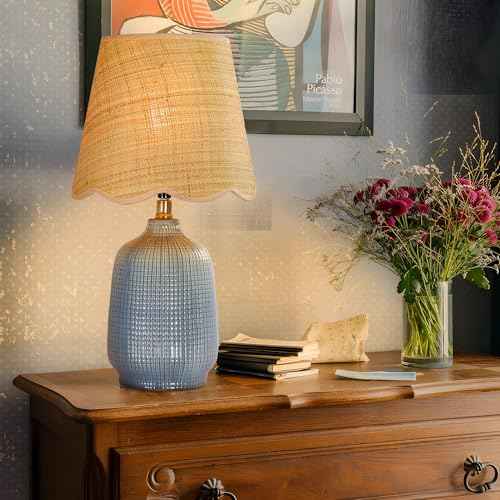 Pia Ricco 19" Modern Ceramic Table Lamp for Living Room Gray Bule Base Desk Lamps for Bedroom Farmhouse Bedside Nightstand Lamp End Table Lamps,Bule,Rattan Shade