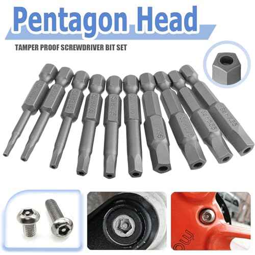 Mesee 10 Pieces Torx Star 5 Point Security Tamper Proof Screwdriver Bits with 1/4" Hex Shank H2.15-H7.55 Magnetic Pentagon Head Screw Driver Bits, 2-Inch Length