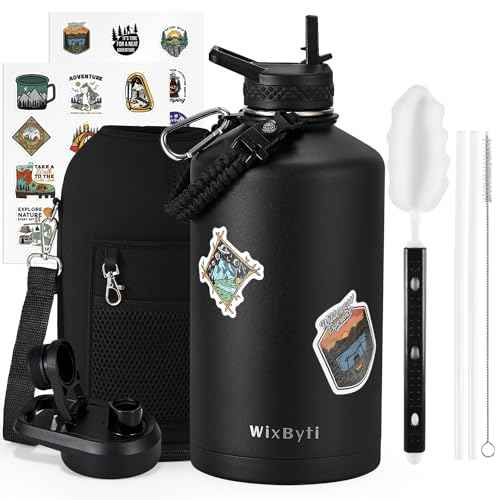 One Gallon Water Bottle Insulated, Triple Wall Vacuum Cold for 48 Hrs & Leak-proof & Non-BPA, 128oz Large Sports Stainless Steel Water Jug with Paracord Handle Straw Spout Lids & DIY Stickers