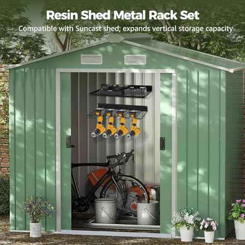 2 PCS Resin Shed Metal Racks, Compatible with Suncast Shed, Wall Mounted Basket and Tool Holder Set with EZ Bolts & Screw Kit, Galvanized Iron Organizer for Garage