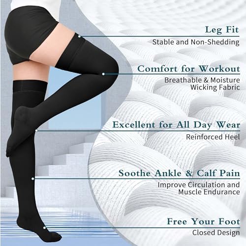 GODORIO 2Pairs 20-30mmHg Thigh High Compression Stockings, Thigh High Compression Socks for Women, Medical Compression Stockings for Varicose Veins, Swelling, Pregnant, Teacher, Doctor