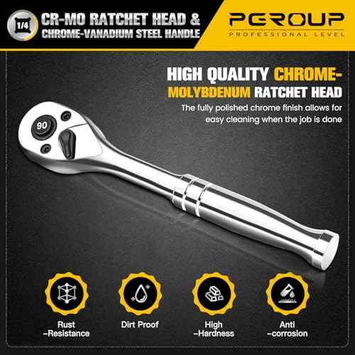 1/4-Inch Drive Ratchet Wrench, 90-Tooth Quick-release Reversible Ratchet Wrench with an Extension Bar(2 inch), 5" Long Socket wrench, 4-Degree Swing, Full Polished,Cr-Mo Head For Gifting,Repairing