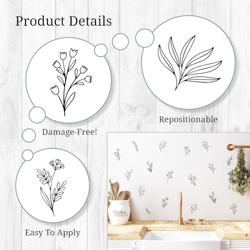 Small Black Flowers Peel and Stick Wall Decals - Set of 62 Flower Wall Stickers - 1"-4" Flower Wall Decor Floral Wall Decals