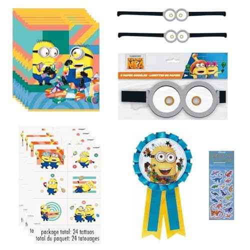 Unique Despicable Me Birthday Party Supplies Favor Bundle Pack includes 8 Loot Bags, 8 Party Paper Goggles, 24 Tattoos, 1 Award Ribbon, 1 Dinosaur Sticker Sheet