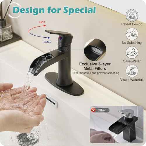 Matte Black Waterfall Bathroom Faucets, 1 Hole or 3 Hole (4 Inch) Bathroom Sink Faucet with Drain, Deck Plate, 1 Handle for Vanity, Restroom, RV, Modern, Brass Material