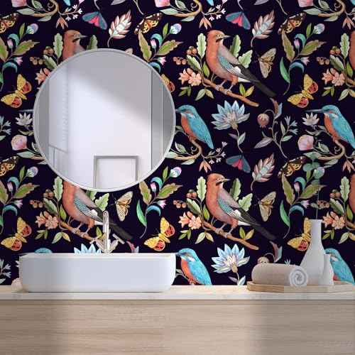 Vintage Black Floral Bird Peel and Stick Wallpaper Dark Botanical Design with Butterfly Removable Self Adhesive Vinyl Contact Paper for Cabinets Bathroom Wallpaper 17.7" x 70.8"