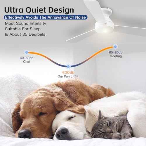 Ceiling Fans with Lights, 42 Inch Ceiling Fan with Light And Remote, 3CCT Flush Moun Low Profile Ceiling Fans, 6 Speed Noiseless LED Ceiling Fan, White Ceilings Fan with Remote for Bedroom Living Room