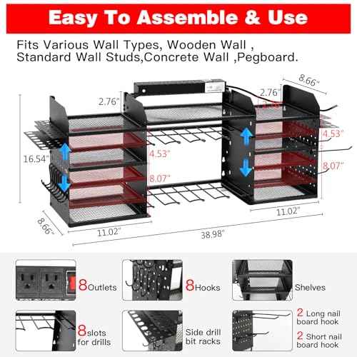 Power Tool Organizer Wall Mount, Large Tool Organizer with Charging Station, Heavy Duty Steel Cordless Drill Holder, 39 Inch Long Power Tool Battery Storage Rack with 8 Outlets Power Strip