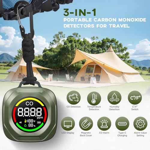 3-in-1 Carbon Monoxide Detectors - Rechargeable Co Monoxide Detector with Alarm, Temperature & Humidity Detection, Magnetic Back, 200H Standby, Custom Thresholds for RV, Car, Camping & Travel - Green
