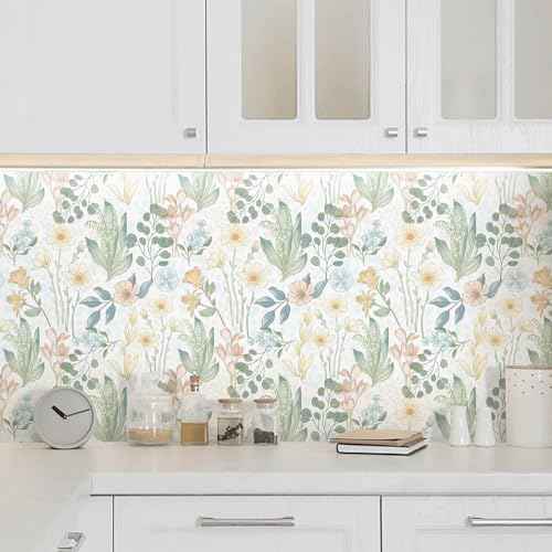 Heroad Floral Wallpaper Peel and Stick Boho Contact Paper Wildflower Botanical Wallpaper Removable Self-Adhesive Floral Contact Paper for Bedroom Bathroom Decoration Thicken Vinyl 17.3'' x 78.7''