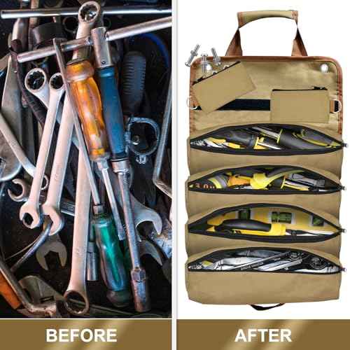 Roll Up Tool Bag, Heavy Duty Tool Roll Bag, Tool Roll Organizer with 2 Detachable Pouches, 900D Waterproof Oxford Cloth, Gifts for Dad, Men/Women, Mechanic, Electricians, Repairman, Khaki