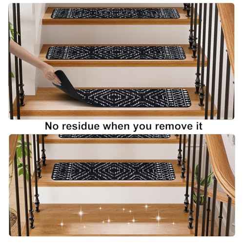OJIA Boho Stair Treads Non-Slip Stair Runners for Wooden Steps Indoor 15PCS 30"x8" Washable Carpet Stair Treads Stair Mats Staircase Step Treads for Kids, Elders and Dogs, Stair Covers, Black