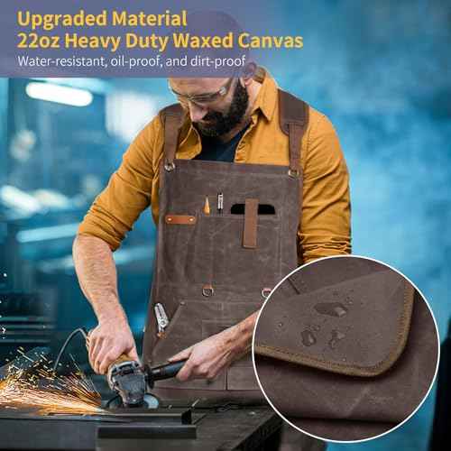 Waxed Canvas Woodworking Apron - 22oz Carpenter Apron for Men and Women, Shop Aprons with 9 Pockets & Cross Back Straps